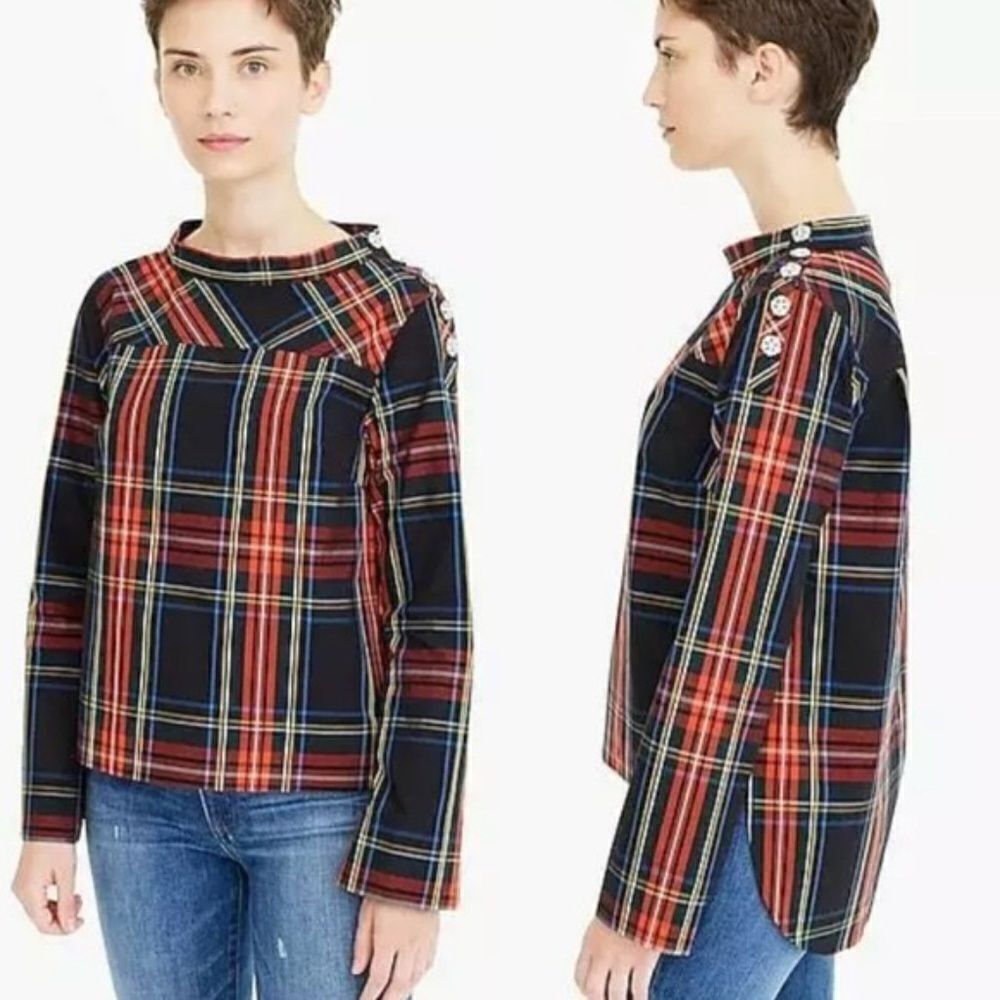 J Crew K6796 Stewart Plaid Jeweled Funnelneck Top Blouse Holiday Sz 00